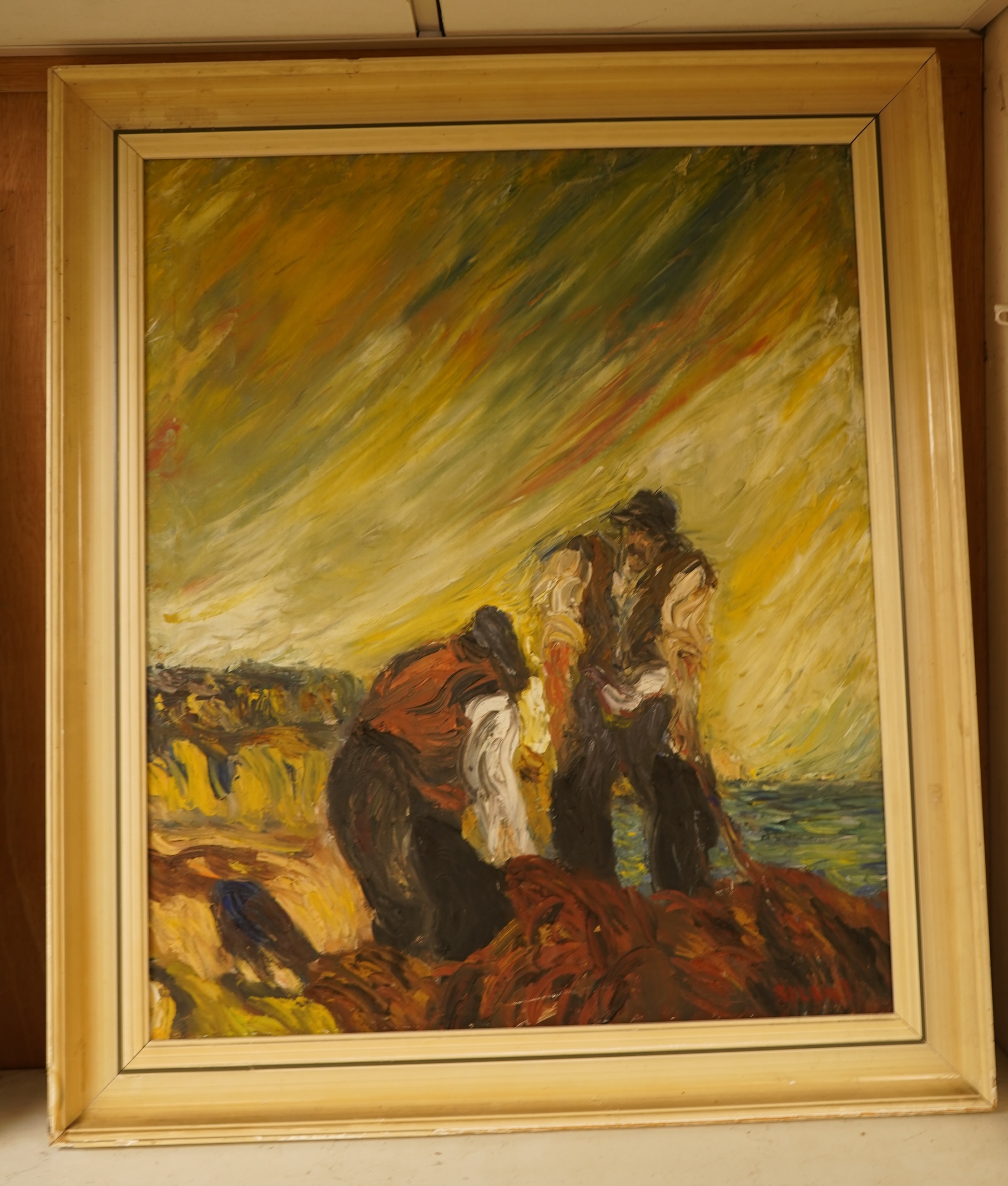Roland, Two figures before a coastline, impasto oil on canvas, signed, 59 x 49cm